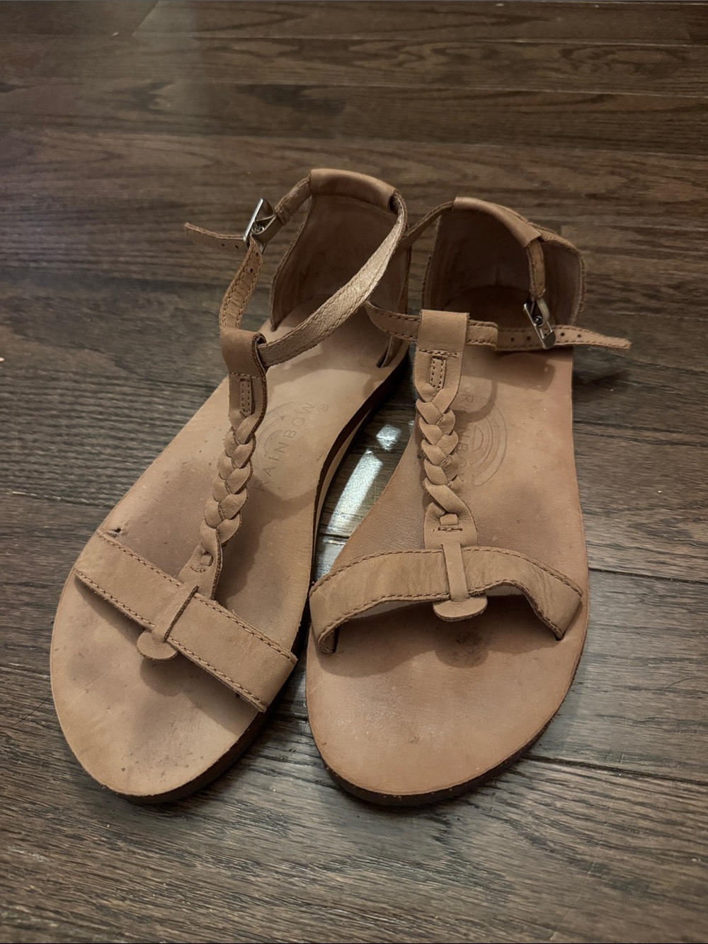 Rainbow Women's Tan Braided T-Strap Leather Sandals